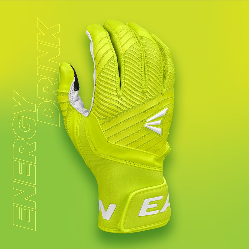 Back of an Easton Walk-Off Ethos Energy Drink batting glove with an "Energy Drink" background