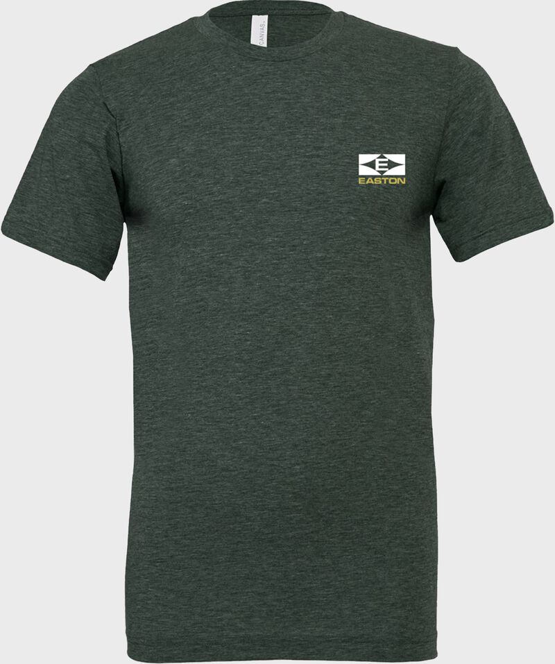 Front of a heather forest green Retro Bat flag t-shirt