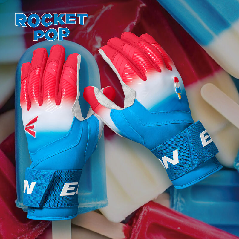 A pair Eason Walk-Off Ethos Locked-In Rocket Pop batting gloves with a matching design background loading=