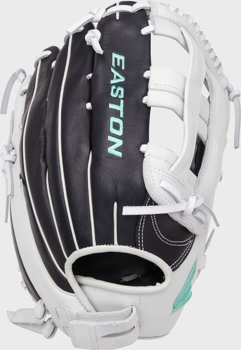 Back of a black/white Easton Fundamental Fastpitch 13-Inch fastpitch softball glove loading=