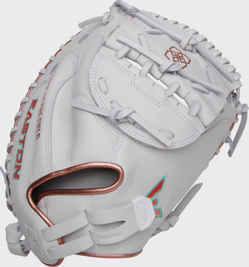 Back of a white Jen Schro Elite Series catcher's mitt