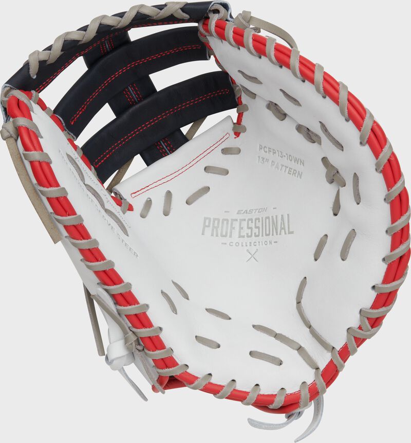 White palm of an Easton Professional Collection Color Splash fastpitch 1st base mitt with grey laces