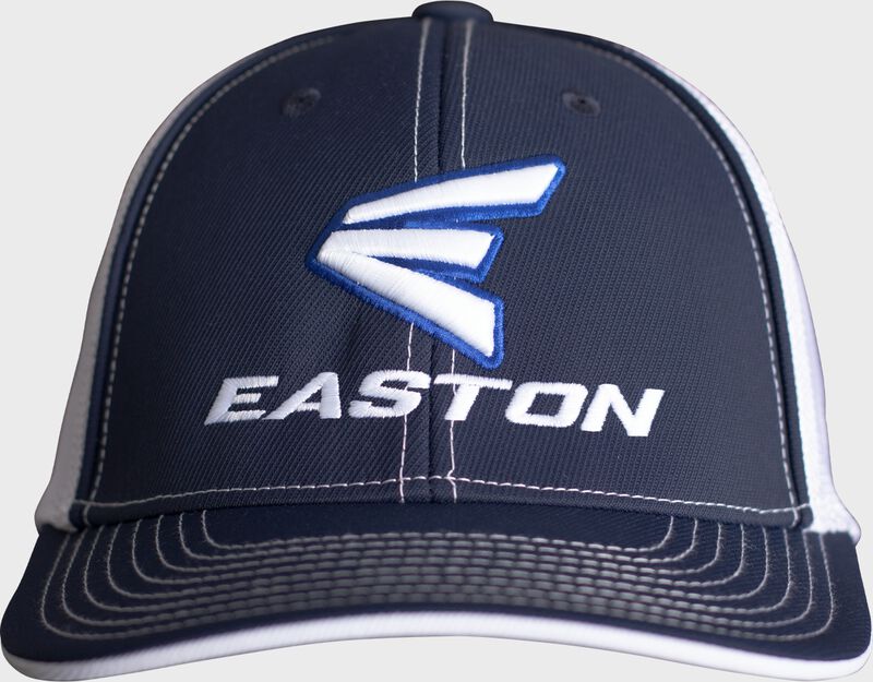 Front of a navy/white Easton FlexFit mesh back hat with a white Easton logo - SKU: EFFHAT-NW loading=