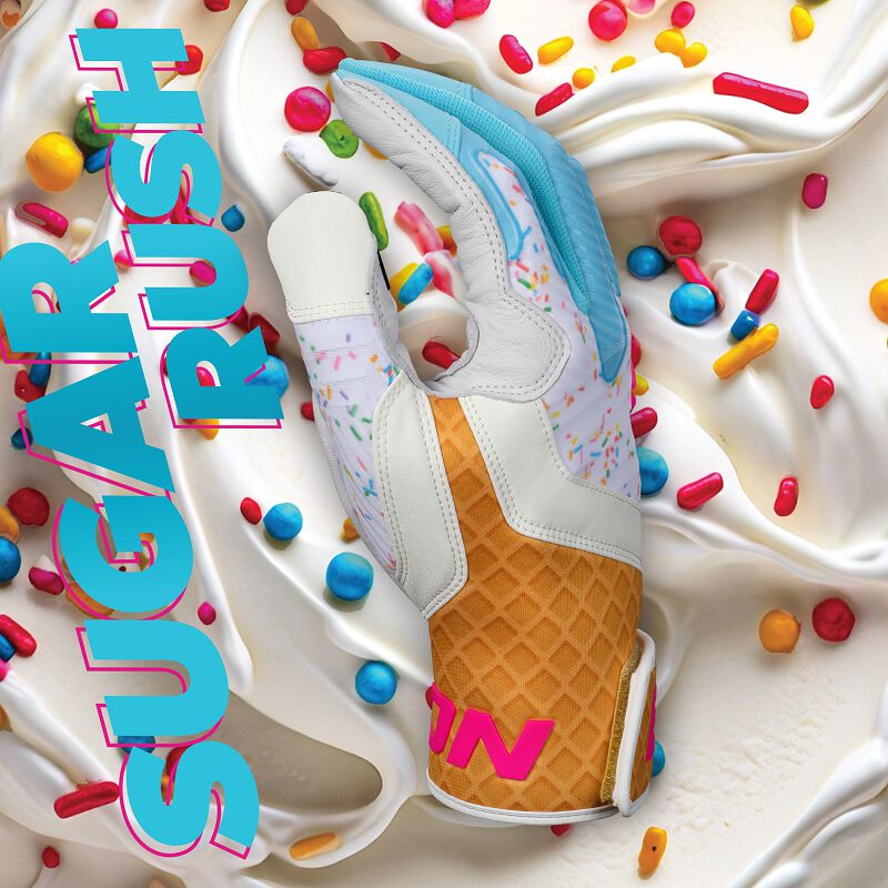 Thumb of an Easton Walk-Off Ethos Sugar Rush batting glove with a "sugar rush" background