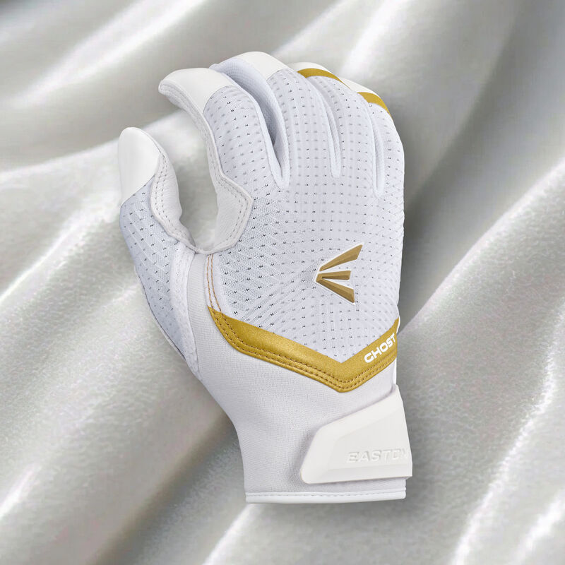 Back of a "Snowstorm" Easton Ghost Ethos fastpitch batting glove with a white snowstorm theme background