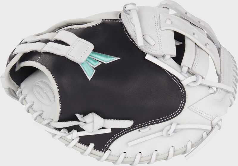 Black thumb of a black/white Easton Fundamental Fastpitch 33" fastpitch catcher's mitt with a white H-web